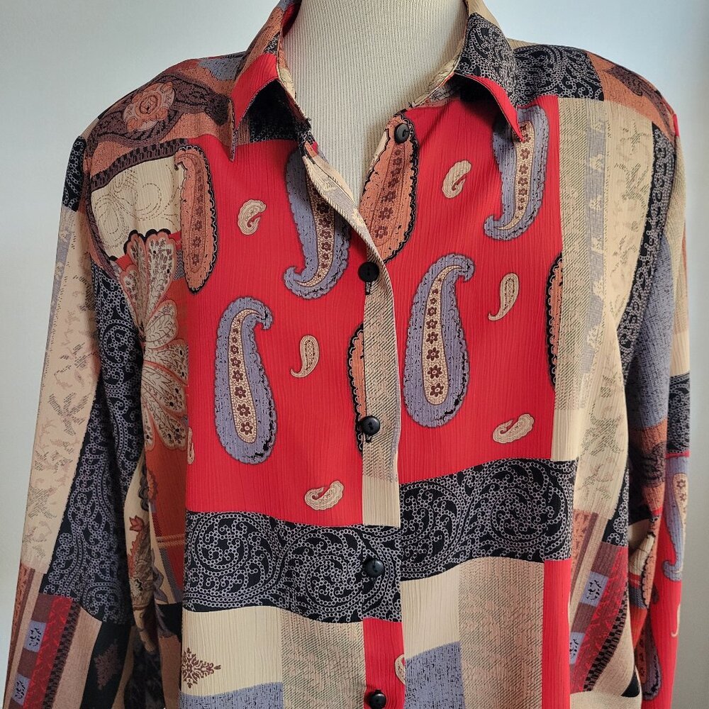 Tar Jay Vintage 80’s Front Button Multi Print Colorful Shirt Blouse (Size: 14)